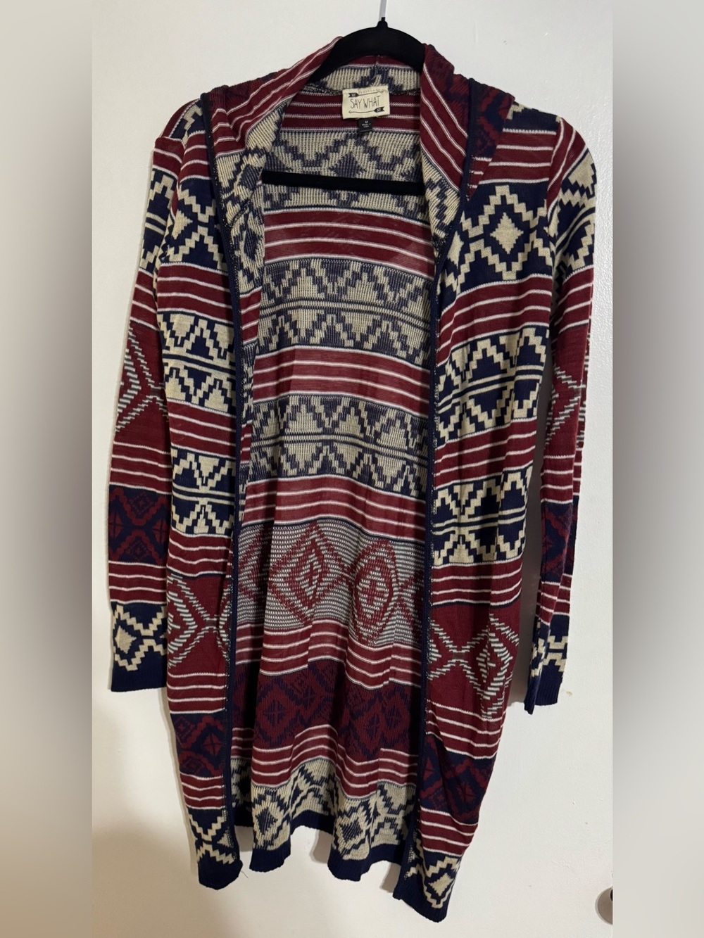 Say What NY Maroon Geometric Knit Open Cardigan size M